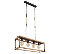 Suspension vintage rétro suspension plafonnier en bois corde de chanvre 4 flammes, métal brun noir, 4x douilles E27, LxlxH 80x25x120 cm