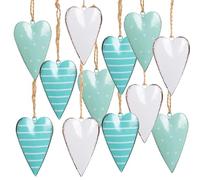 Suspensions cœur en métal, Lot de 12: cœurs décoratifs à Suspendre Turquoise Blanc, décoration Saint Valentin, Printemps, Pâques, Mariage et Noël, déco Branches, cœurs en tôle, 7 cm