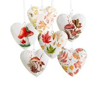 Suspensions cœurs métal, Lot de 6: décoration Automne colorée 6,5 cm, pendentifs Rouges Orange Bruns Blancs avec Feuilles et Champignons, déco à Suspendre intérieure, idée Cadeau, Table fenêtre