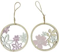 Suspensions Fleurs en bois Ø12cm Set 6 pcs Nature Blanc Violet Paillettes Décoration de printemps