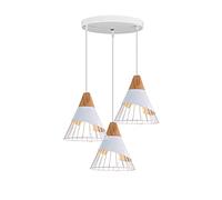 Suspensions Luminaire Créatif Forme de Cône Fer Cage, 3 Lustres LED E27 Moderne Simple, Lampe Suspensions en bois massif Vintage, Pendante Lumière pour salle à manger Cuisine Salon (Blanc-B)
