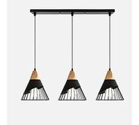 Suspensions Luminaire Créatif Forme de Cône Fer Cage, 3 Lustres LED E27 Moderne Simple, Lampe Suspensions en bois massif Vintage, Pendante Lumière pour salle à manger Cuisine Salon (Noir-A)