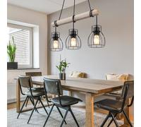 Suspension vintage lampe suspendue lampe de table à manger en bois lampe suspendue rétro avec poutres en bois, métal noir, 3 x douille E27, LxlxH 50x14x140 cm