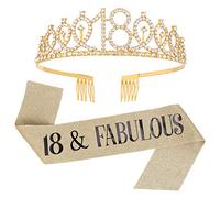 SUSSURRO Ensemble « 18 and Fabulous » et diadème en strass - Cadeau d'anniversaire pour 18ème anniversaire - Pour femme - Doré