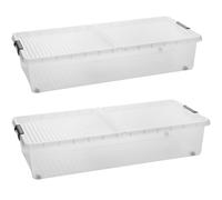 SUSTANIA Lot de 2 boîtes de rangement sous le lit - Boîtes de rangement en plastique transparent avec couvercle de fermeture pour dessous de lit, conteneurs empilables bas avec roulettes