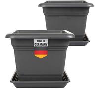 SUSTANIA Lot de 2 pots de fleurs avec soucoupe - 28 x 28 cm - Carré - 16 l - Grand pot à plantes extérieur - Fabriqué en Allemagne - Anthracite