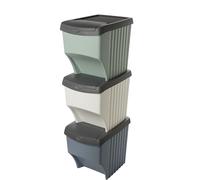SUSTANIA Lot de 3 bacs de rangement empilables avec accès frontal - Collecteur de déchets en plastique robuste en vert sauge, blanc crème et bleu ardoise