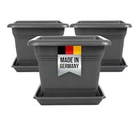 SUSTANIA Lot de 3 pots de fleurs grand format avec soucoupe - 28 x 28 cm - Carré - 10 l - Grand pot à plantes extérieur - Fabriqué en Allemagne - Anthracite