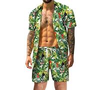 sutelang lurryly Ensemble de Plage Homme d'été 2 Pièces HawaïEnne Imprimé Tropical et Shorts,Grande Taille Respirant Bouton Revers Survêtement pour Vacance Loisir Plage