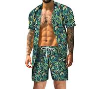 sutelang lurryly Ensemble de Plage Homme d'été 2 Pièces HawaïEnne Imprimé Tropical et Shorts,Grande Taille Respirant Bouton Revers Survêtement pour Vacance Loisir Plage