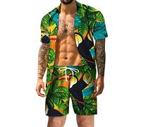 sutelang lurryly Ensemble de Plage Homme d'été 2 Pièces HawaïEnne Imprimé Tropical et Shorts,Grande Taille Respirant Bouton Revers Survêtement pour Vacance Loisir Plage
