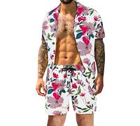 sutelang lurryly Ensemble de Plage Homme d'été 2 Pièces HawaïEnne Imprimé Tropical et Shorts,Grande Taille Respirant Bouton Revers Survêtement pour Vacance Loisir Plage