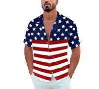 sutelang lurryly Independence Day Shirt Homme Rayures étoilées Coutures Manche Courte Casual Chemise Coupe Ajustée Pas Cher Shirts Imprimé Drapeau Américain Boutonné Styel Chemise