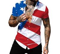 sutelang lurryly Independence Day Shirt Homme Rayures étoilées Coutures Manche Courte Casual Chemise Coupe Ajustée Pas Cher Shirts Imprimé Drapeau Américain Boutonné Styel Chemise