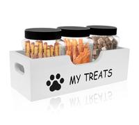 Sutowe Conteneur de Nourriture pour Chien avec 3 Bocaux à Friandises en Plastique, Boîte Alimentaire pour Animaux de Compagnie en Bois Mignon, Conteneur Croquettes Chien pour Chat, Petit Animal