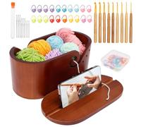 Sutowe Ensemble de bols à fil à crochet, bol en bois d'acacia avec couvercle, support de rangement pour pelotes de laine avec 9 aiguilles à tricoter pour tricoteurs, fans de crochet et amateurs de