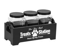 Sutowe Récipient à friandises pour chien avec 3 bocaux à friandises mignons en plastique avec support en bois réutilisable pour biscuits pour chien et chat (noir)