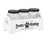 Sutowe Récipient à friandises pour chien avec 3 bocaux à friandises mignons en plastique avec support en bois réutilisable pour biscuits pour chien et chat (blanc)