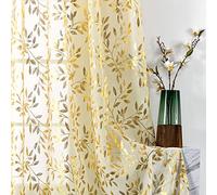 Sutuo Home Lot de 2 panneaux de rideaux transparents beiges de 213 cm de long, motif feuilles bronzées métallisées, décoration de fenêtre pour Noël, chambre à coucher, cuisine, salon, 132,1 x 213,4 cm