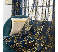 Sutuo Home Lot de 2 panneaux de rideaux transparents bleus de 160 cm de long, imprimé feuille d'or de luxe avec feuilles de vigne métallisées bronzées, décoration de fenêtre pour cuisine, salon, 132,1
