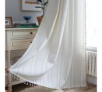 Sutuo Home Rideau bohème pour cuisine café 160 cm de long, semi-occultant, rustique et rustique, broderie en lin, pampilles creuses, 1 panneau, 132,1 cm de large x 160 cm de long, ivoire