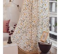 Sutuo Home - Rideau bohème semi-occultant en coton et lin avec imprimé floral, pompons faits à la main et passe-tringle - pour chambre à coucher, salon, 1 panneau de 150 x 160 cm (l x L)