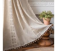 Sutuo Home Rideau bohème Semi-occultant en Dentelle ajourée au Crochet avec Tissu en Lin texturé, Pompons Faits à la Main avec Passe-Tringle pour Salon, Chambre à Coucher, 150 x 213,4 cm (l x L), 1
