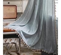 Sutuo Home Rideau brodé Effet Lin Semi-occultant avec Passe-Tringle et Pompons, Style Shabby Chic, bohème, Rustique, pour Chambre, Chambre d’Enfant, 130 x 240 cm (l x L), Bleu grisâtre