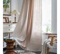 Sutuo Home Rideau brodé effet lin semi-occultant avec pompons et passe-tringle, style bohème, rustique, fermier, shabby chic, pour crèche, 132,1 x 160 cm (l x L), marron café/lin