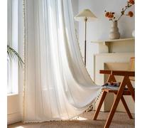 Sutuo Home Rideau brodé filtrant la lumière avec passe-tringle et pompons, style vintage, shabby chic, bohème, rustique, pour chambre, 132,1 x 210 cm (l x L), blanc