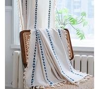 Sutuo Home Rideau brodé semi-occultant avec passe-tringle et pompons, style vintage, bohème, rustique, pour chambre, salle à manger, 132,1 x 243,8 cm (l x L), blanc/bleu marine
