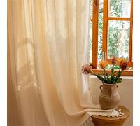 Sutuo Home Rideau en Lin brodé filtrant la lumière avec Passe-Tringle et Pompons, Style Shabby Chic, bohème, Rustique, pour Chambre, Salle à Manger, Cuisine, 130 x 157,5 cm (l x L), Champagne