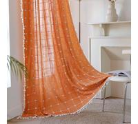 Sutuo Home Rideaux à carreaux orange brûlé style Boho pour salon, rideaux mi-occultants en lin avec franges de fermeture à glissière pour fermeture de style ferme, broderie bohémienne pour décoration