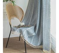 Sutuo Home Rideaux Bleus de Style bohème pour Chambre à Coucher, Salon, Semi-occultants en Lin à Rayures de Campagne française, Vintage, Shabby Chic, Glands Creux, Rideaux bohémiens, 1 Panneau, 132,1