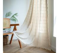 Sutuo Home Rideaux bohème à carreaux pour chambre à coucher et salon - 213 cm de long - Rideaux vintage à carreaux style fermier chic à pompons traitement de fenêtre draperie bohème - 1 panneau de