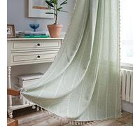 Sutuo Home Rideaux bohème pour chambre à coucher - 243,8 cm de long - Filtrage de la lumière - Style rustique vintage chic - Pompons brodés - 1 panneau - 132,1 cm de large x 243,8 cm de long - Vert