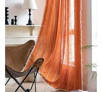 Sutuo Home Rideaux Semi-Occultants en Lin Bohème Orange pour Chambre et Salon - Style Rustique et Shabby Chic avec Pampilles, Broderie, Passe-Tringle - 1 Panneau 132,1 x