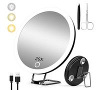 Suupvaor - Miroir grossissant 20x avec lumière, grand miroir rechargeable de 15 cm avec éclairage à intensité variable de 3 couleurs, muni de 3 ventouses et de support à 360°, miroir de maquillage