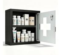 Suusolny Armoire d'apothicaire murale en acier inoxydable, hauteur 30 cm, 2 compartiments avec porte en verre, verrouillable avec 2 clés, armoire de premiers secours, noir