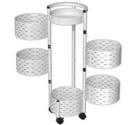 Suusolny Chariot de cuisine universel avec roues à 360° - Chariot à fruits - Étagère de cuisine rotative en acier au carbone - Bac de rangement pour cuisine, bureau, salon - Rond - 5 niveaux - Blanc