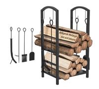 Suusolny Étagère à bois de cheminée avec 4 accessoires de cheminée, 2 niveaux, rangement en bois résistant aux intempéries, aide à l'empilage du bois de cheminée pour salon, couloir, terrasse