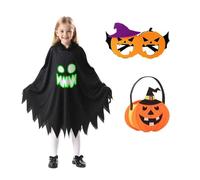 SUVEK Cape à Capuche pour Enfants, Costume de Halloween Noir avec Sac Bonbon & Lunettes, Effet lumineux Kids Fille Garçon Cloak Hooded Role Play pour Magicien Vampire Diable Carnaval Cosplay