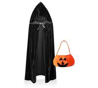 SUVEK Cape en Velours à Capuche pour Enfants, 90cm Costume de Halloween Noir avec Sac Bonbon, Kids Fille Garçon Cloak Hooded Role Play pour Magicien Vampire Diable Prince Roi Carnaval Cosplay