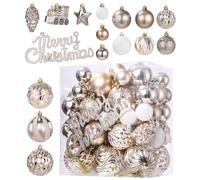 Suvexor Boules de Noel Décoration Noel 65 Pièces Sapin Champagne et Blanc | Décorations pour sapin de Noël, pommes de pin, pendentifs en forme d'étoile, petit train et plaque avec message de Noël