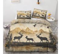 SUWALI Housse de Couette 240 x 260 Cerf, Parure de Lit Motif Montagne Vintage - Linge de Lit Imprimée 2 Personnes en Microfibre avec Fermeture Éclair, 2 Taies d'oreiller 65x65