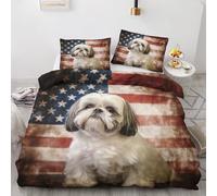 SUWALI Housse de Couette 240 x 260 Shih Tzu, Parure de Lit Motif Drapeau Américain Chien - Linge de Lit Imprimée 2 Personnes en Microfibre avec Fermeture Éclair, 2 Taies d'oreiller 65x65