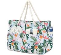 Suweir Sac de Plage Femme XXL Grand Sac Plage Familial avec Fermeture éclair et Poche Humide Imperméable Sac Piscine Beach Bag pour Plage Voyages Gym Piscine (Flamant)