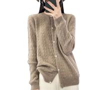 Suwequest Cardigan en laine mérinos à manches longues et col rond pour femme, Marron et gris., XL