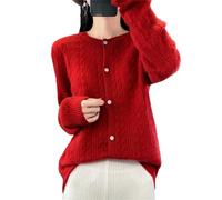 Suwequest Cardigan en laine mérinos à manches longues et col rond pour femme, Rouge, XL
