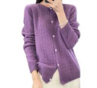 Suwequest Cardigan en laine mérinos à manches longues et col rond pour femme, violet, XL
